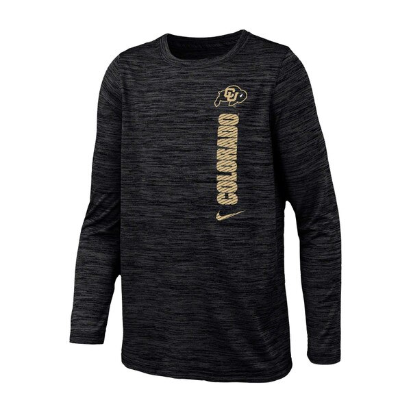 A dark gray long sleeve tee with Colorado, a c-u buffalo logo, and a Nike Swoosh in vegas gold, vertically laid out on the left side.